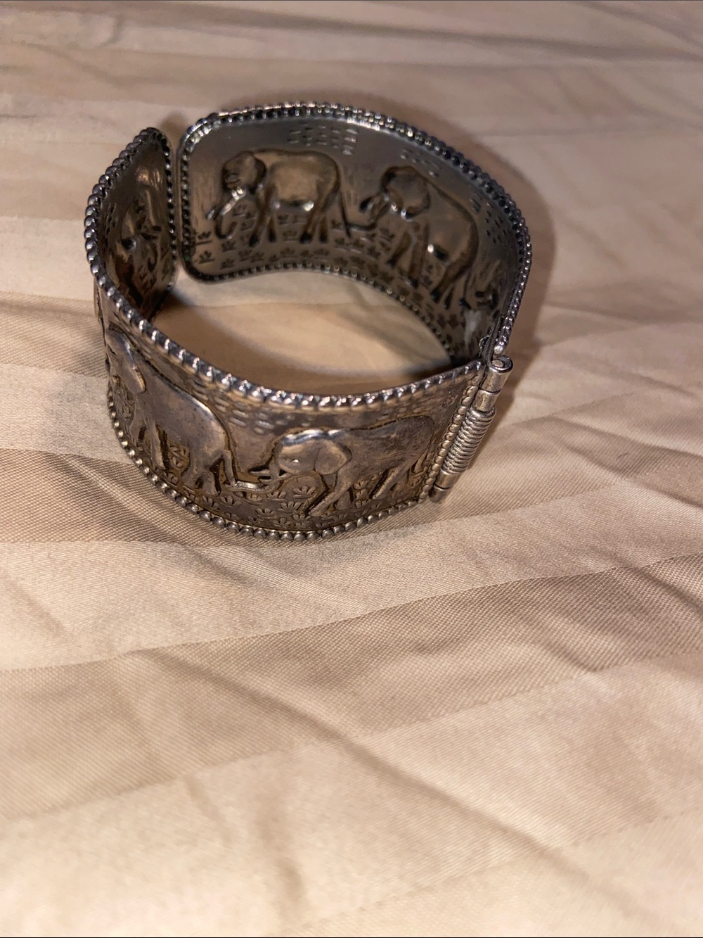 Elephant Motif Silver-Tone Hinged Cuff Bracelet
